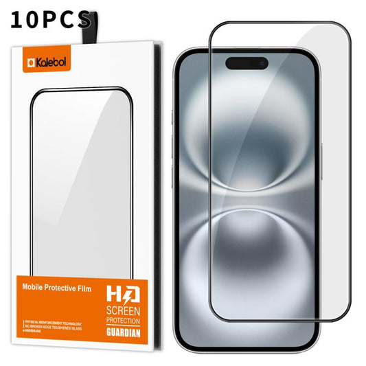 For iPhone 16 Plus 10pcs Kalebol High-Aluminum Screen-Printed Full-Coverage Anti-Fingerprint Black-Bordered HD Tempered Glass Film by Kalebol