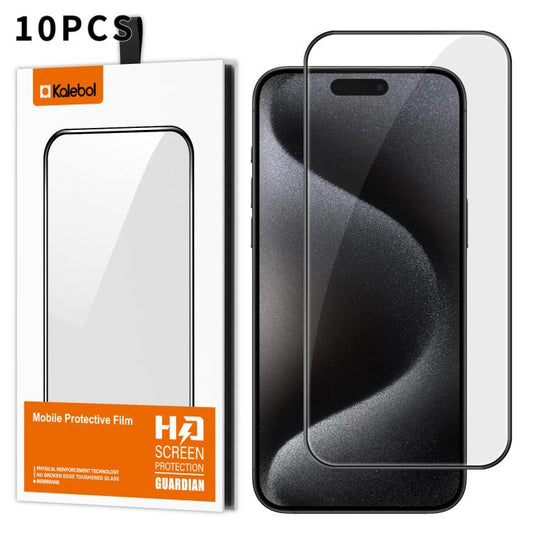 For iPhone 15 Pro Max 10pcs Kalebol High-Aluminum Screen-Printed Full-Coverage Anti-Fingerprint Black-Bordered HD Tempered Glass Film by Kalebol