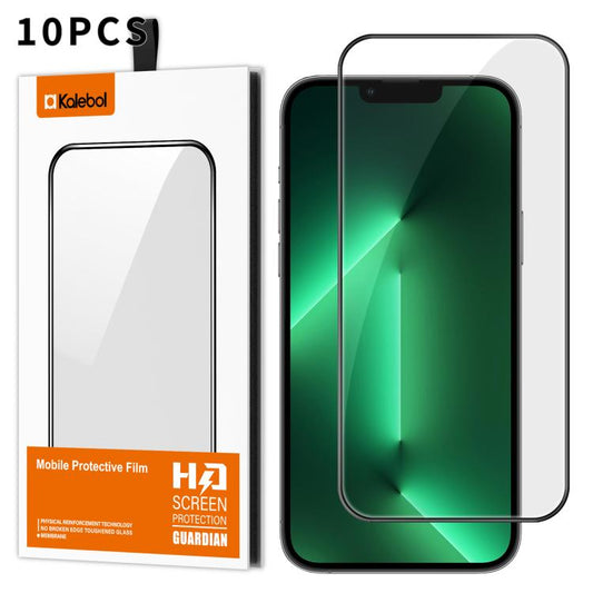 For iPhone 13 Pro 10pcs Kalebol High-Aluminum Screen-Printed Full-Coverage Anti-Fingerprint Black-Bordered HD Tempered Glass Film by Kalebol