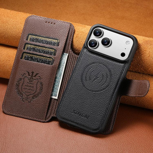 For iPhone 17 Pro Max Suteni Q05 -in-1 Multi-function MagSafe Wallet Big Litchi Leather Phone Case(Black) by Suteni