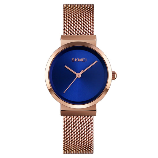 Skmei 1595 Fashion Elegant Scale Free Steel Mesh Belt Women's Watch Waterproof Business Student Quartz Watch Female(Rose Gold Blue) by SKMEI