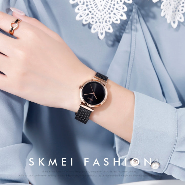 Skmei 1595 Fashion Elegant Scale Free Steel Mesh Belt Women's Watch Waterproof Business Student Quartz Watch Female(Rose Gold Blue) by SKMEI