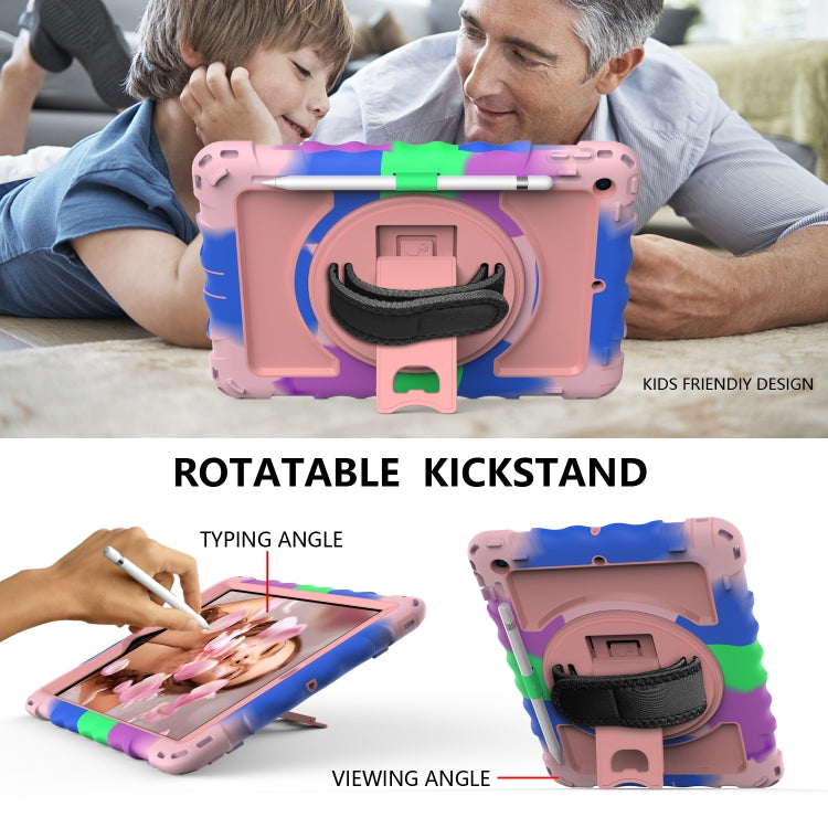 For iPad 10.2 360 Degree Rotating Case with Pencil Holder, Kickstand Shockproof Heavy Duty with Shoulder Strap,Hand Strap(Colorful+Rose Gold) by bashfashion
