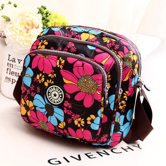 Women Shoulder Bag Waterproof Nylon Handbag Multilayer Crossbody Bag(Red flower) by bashfashion