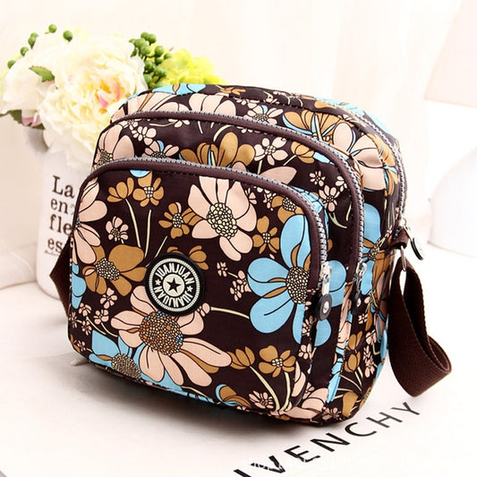 Women Shoulder Bag Waterproof Nylon Handbag Multilayer Crossbody Bag(Blue flower) by bashfashion