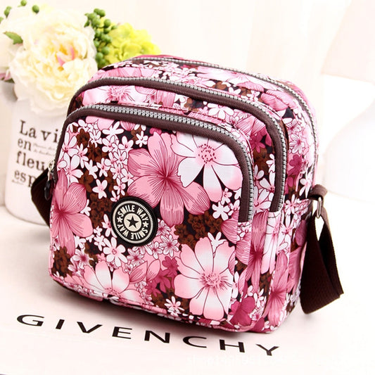 Women Shoulder Bag Waterproof Nylon Handbag Multilayer Crossbody Bag(Pink flower) by bashfashion