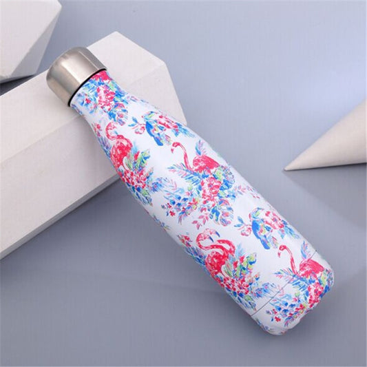 Animals Plants Pattern Thermal Cup Vacuum Flask Heat Water Bottle Portable Stainless Steel Sports Kettle, Capacity:500ml(White Flamingo) by bashfashion