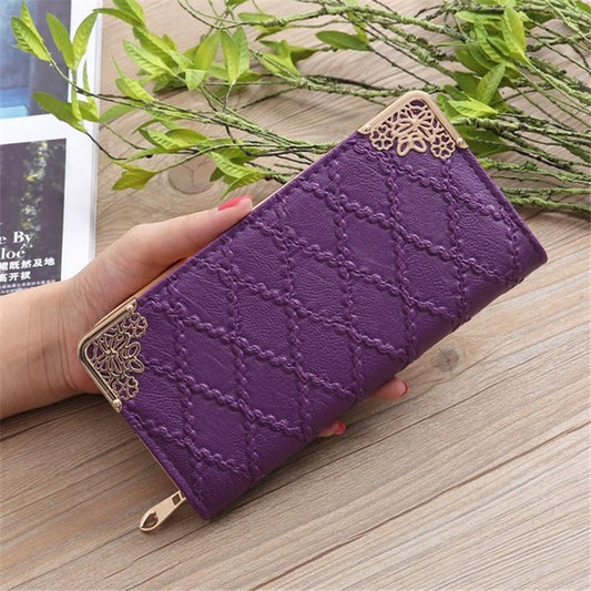 Embossed Lingge Long Wallet Retro Pattern Multi-Card Clutch Bag(Purple) by bashfashion