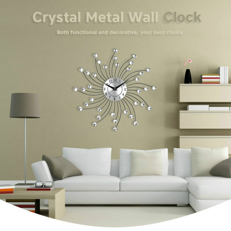 Wrought Iron Crystal Wall Clock Mute Metal Wall Clock for Living Room Bedroom(Silver) by bashfashion
