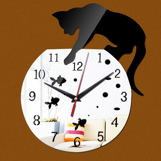 3D Acrylic Cat Mirror Wall Clock DIY Fashion Home Decoration(Silver Black) by bashfashion