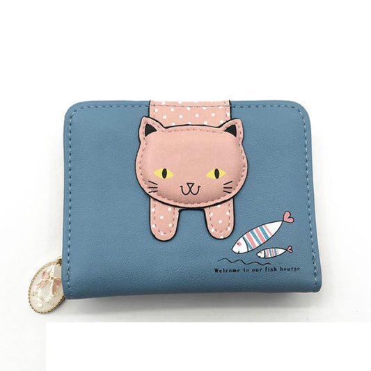 Women Cute Cat Wallet Small Zipper Girl Wallet Coin Purse(Blue) by bashfashion
