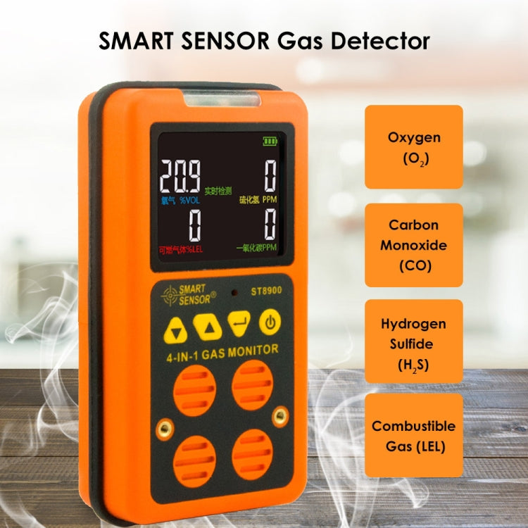 SMART SENSOR ST8900 4 in 1 Toxic Gas CO Carbon Monoxide Detector Hydrogen Sulfide H2S Oxygen Combustible Gas Test LCD Display Monitor, Sound Light Vibration Alarm, CN Plug by SMART SENSOR