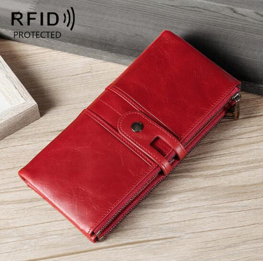 Ladies Genuine Leather Long Wallet Anti-theft Card Bag Multifunctional Clutch Bag(Red) by bashfashion