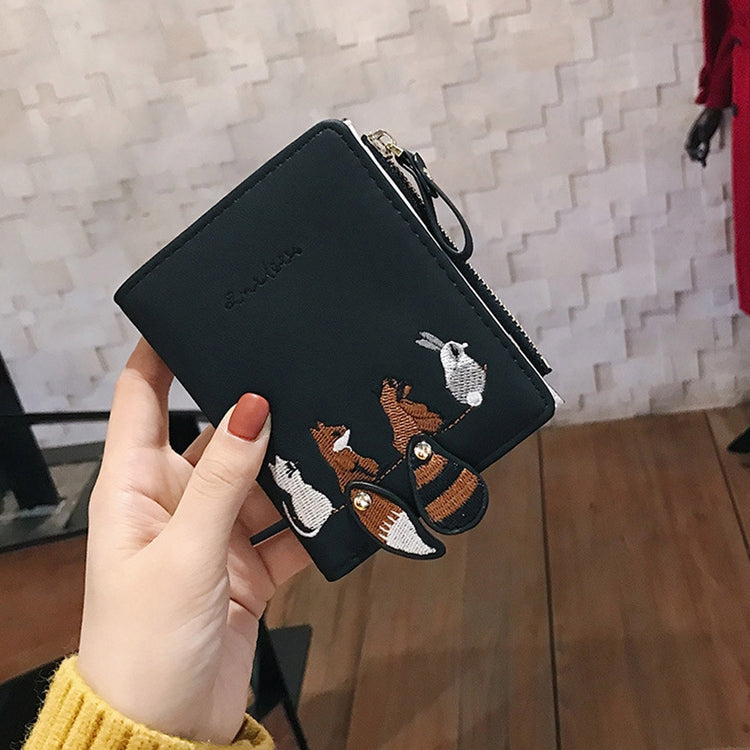 Wallet Female Short Student Korean Version of The Cute Little Fresh Folding Mini Tide Personality Coin Purse(Black) by bashfashion