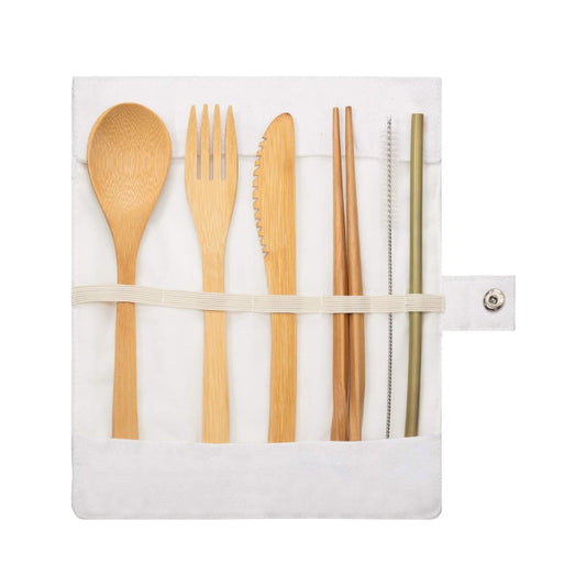 Travel Creative Bamboo Straw Dinnerware Knives Fork Spoon Chopsticks Set with Cloth Bag(White) by bashfashion