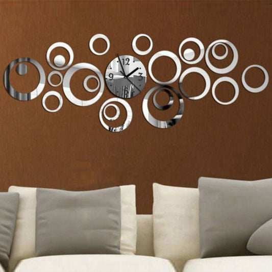 Wall Clock 3D Three-dimensional Acrylic Fashion Mirror Wall Stickers Clock DIY Circle Combination Decorative Clock(Silver) by bashfashion