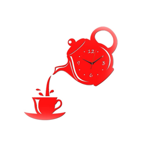 Creative DIY Acrylic Coffee Cup Teapot 3D Wall Clock Decorative Kitchen Wall Clocks Living Room Dining Room Home Decor Clock(Red) by bashfashion