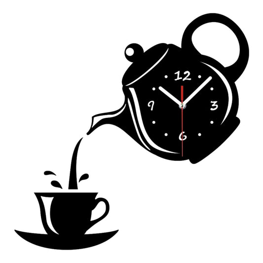 Creative DIY Acrylic Coffee Cup Teapot 3D Wall Clock Decorative Kitchen Wall Clocks Living Room Dining Room Home Decor Clock(Black) by bashfashion