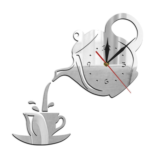 Creative DIY Acrylic Coffee Cup Teapot 3D Wall Clock Decorative Kitchen Wall Clocks Living Room Dining Room Home Decor Clock(Silver) by bashfashion