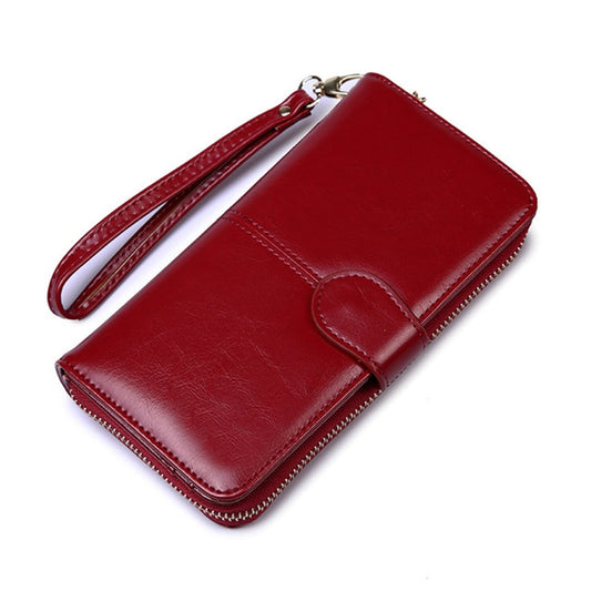 Ladies Oil Wax Leather Retro Long Large Capacity Multifunctional Wallet Clutch Bag(Wine Red) by bashfashion