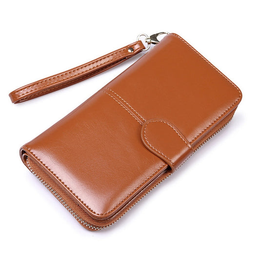 Ladies Oil Wax Leather Retro Long Large Capacity Multifunctional Wallet Clutch Bag(Brown) by bashfashion
