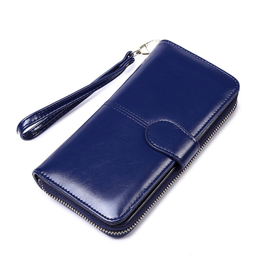 Ladies Oil Wax Leather Retro Long Large Capacity Multifunctional Wallet Clutch Bag(Dark Blue) by bashfashion