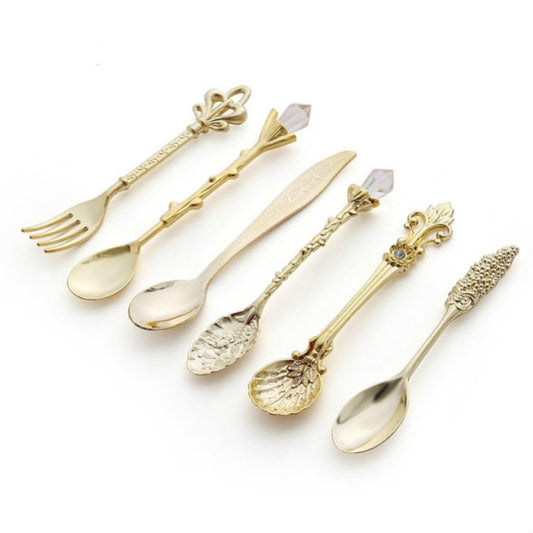 6pcs / Set Vintage Mini Coffee Spoons Suit Royal Style Metal Carved Coffee Fruit Cutler Dessert Flatware Kitchen Tools Gold by bashfashion