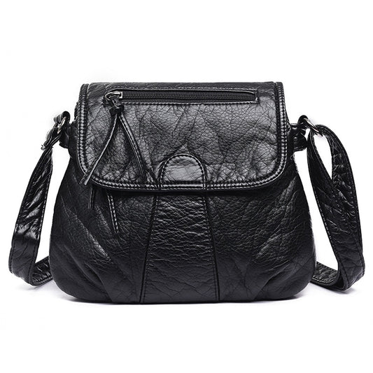 Women Messenger Bags Soft Washed PU Leather Bag Fashion Female Purses and Handbag 25cmX3cmX22cm(Black) by bashfashion