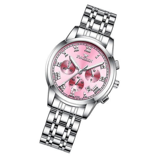 FNGEEN 4006 Ladies Quartz Watch Fashion Luminous Date Display Watch(White Steel Pink Surface) by FNGEEN