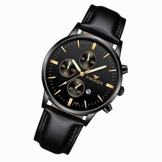 FNGEEN W5128 Men Three Eyes Subdial Luminous Quartz Watch Student Simple Watch(All Black Surface Golden Nails) by FNGEEN