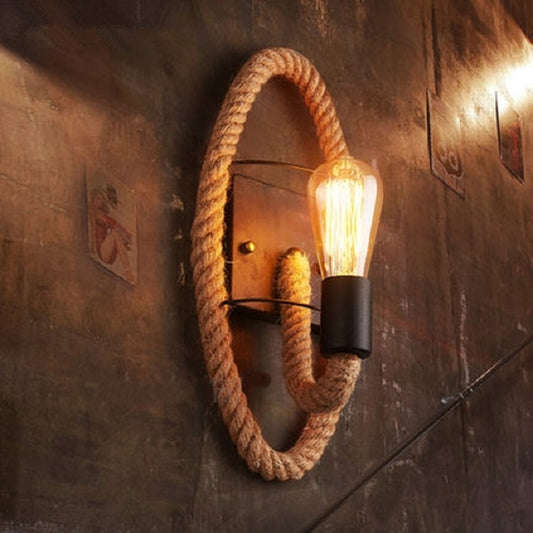 Vintage Hemp Rope Edison Light Bulb Wrought Iron Wall Lamp without Bulb(Oval) by bashfashion