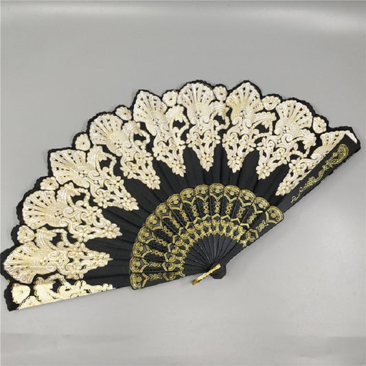 Spain Style Plastic Folding Fan Peacock Lace Fan Ladies Dance Gilding Fan, Size:23x42cm(Black) by bashfashion