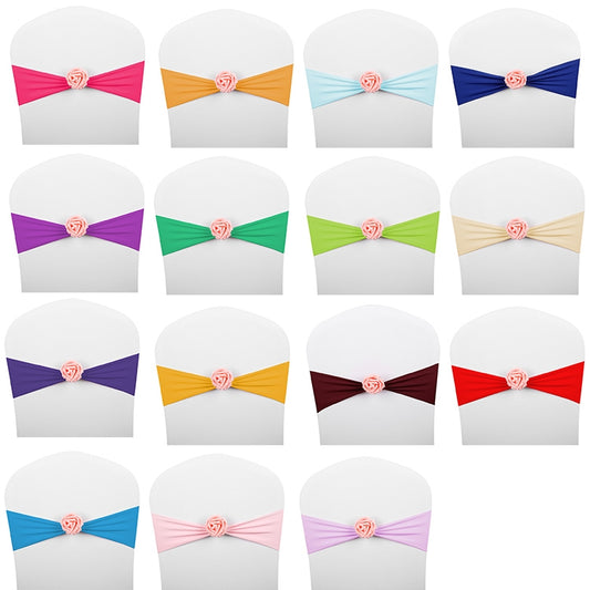 Chair Sashes Bows Decor Elastic Spandex Chair Sash with Pink Flower Stretch Chair Band Wedding Decoration(Wine Red) by bashfashion