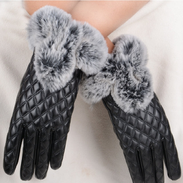 Women PU Leather Gloves Imitated Rabbit Fur Thick Warm Winter and Autumn Female Gloves(Black) by bashfashion