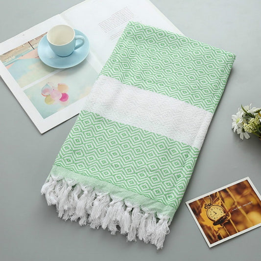 Striped Cotton Bath Towel With Tassels Thin Travel Camping Bath Sauna Beach Gym Pool Blanket Absorbent Easy Care(Green) by bashfashion