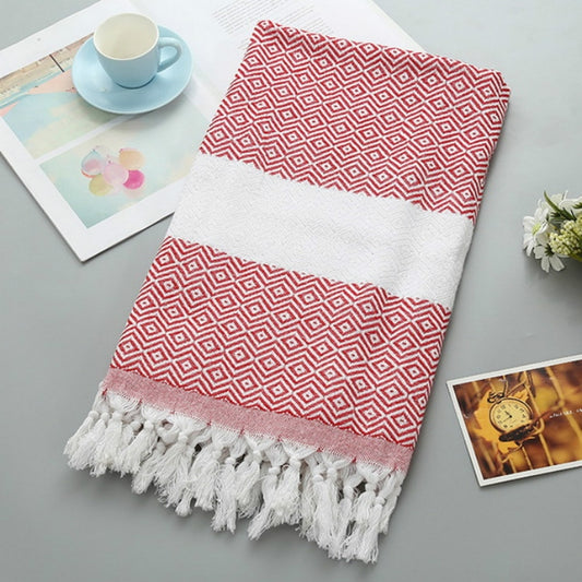 Striped Cotton Bath Towel With Tassels Thin Travel Camping Bath Sauna Beach Gym Pool Blanket Absorbent Easy Care(Red) by bashfashion
