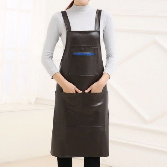 Waterproof Oil Proof Soft Leather Thick Wear-resistant Men and Women Overalls Apron(Coffee) by bashfashion