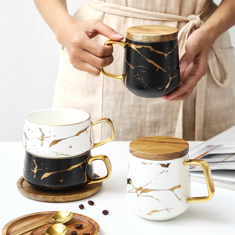Marble Matte Gold Series Ceramic Tea Cup Coffee Mug With Wooden Lid Or Tray(Black with Lid) by bashfashion
