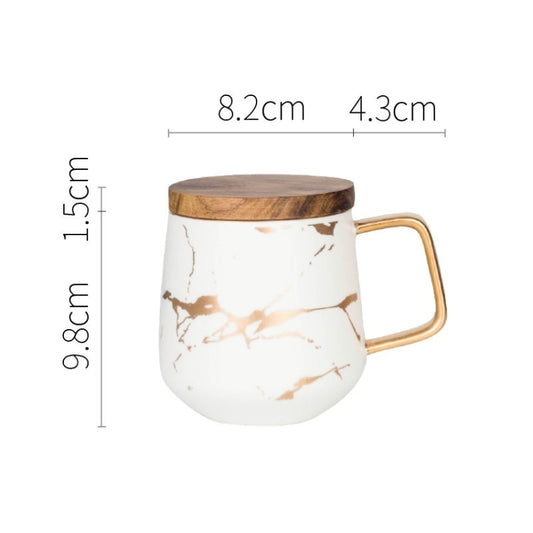 Marble Matte Gold Series Ceramic Tea Cup Coffee Mug With Wooden Lid Or Tray(White with Lid) by bashfashion