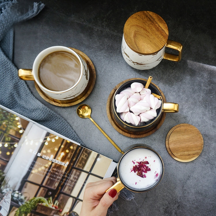Marble Matte Gold Series Ceramic Tea Cup Coffee Mug With Wooden Lid Or Tray(White with Lid) by bashfashion