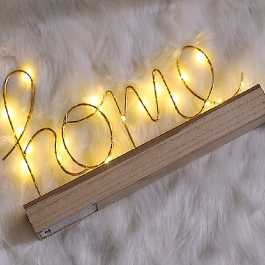 LED Little Night Light Bedroom Bedside Wrought Iron Wooden Home Decoration Birthday Gift(Letter Home) by bashfashion