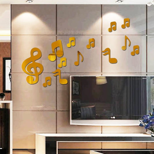 3D Musical Notes Acrylic Mirrors Wall Sticker Home Decor Living Room Wall Decoration Art DIY Wall Stickers(Gold) by bashfashion