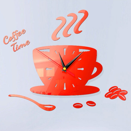 Home DIY 3D Stereo Decorative Fashion Coffee Wall Clock Acrylic Mirror Wall Sticker Coffee Clock(Red) by bashfashion