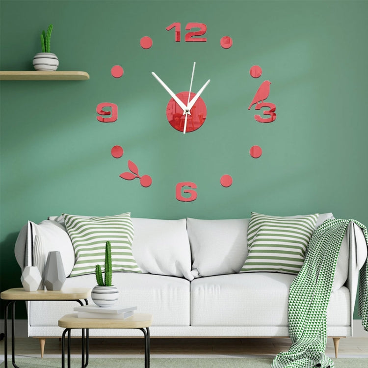 Art Wall Clock Background Wall Stickers TV Wall Stickers 3D Bird Leaves Wall Clock Home Accessories(Red) by bashfashion