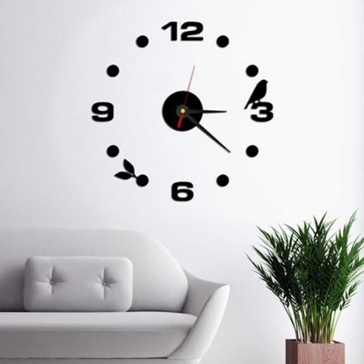 Art Wall Clock Background Wall Stickers TV Wall Stickers 3D Bird Leaves Wall Clock Home Accessories(Black) by bashfashion