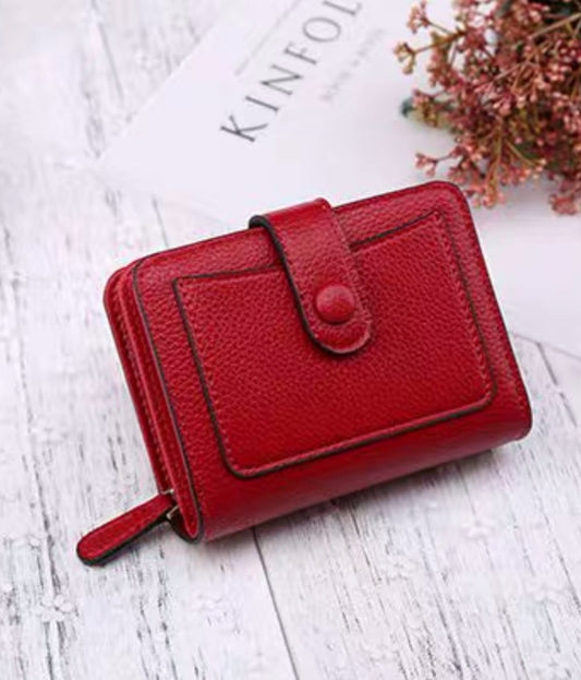 Women Short Litchi Texture Multi-card Buckle Wallet(Wine Red) by bashfashion