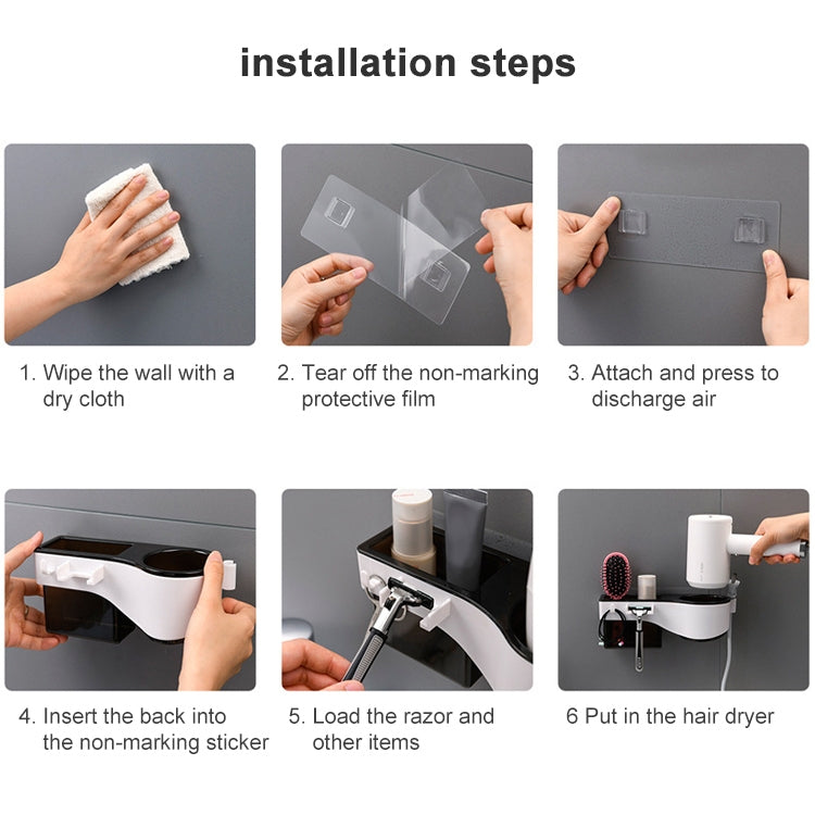 Hairdryer Hanger Free Punch Wall Mounted Bathroom Multi-function Toilet Storage Rack(Elegant Black) by bashfashion