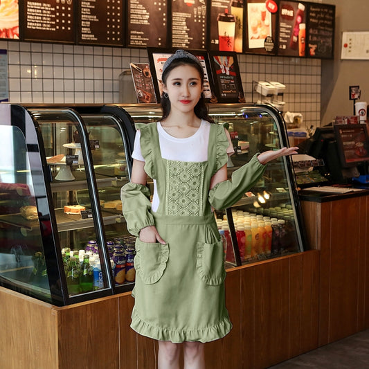 Princess Apron Kitchen Women Work Clothes Coffee Shop Apron, Specification:Apron + Sleeve(Dark green) by bashfashion