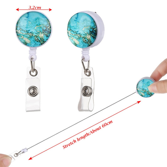 2 PCS Night Starry Sky Marble Crack Puller Retractable Buckle Lanyard Business Key Buckle Card Holder Aqua Blue Crocodile Clip by bashfashion