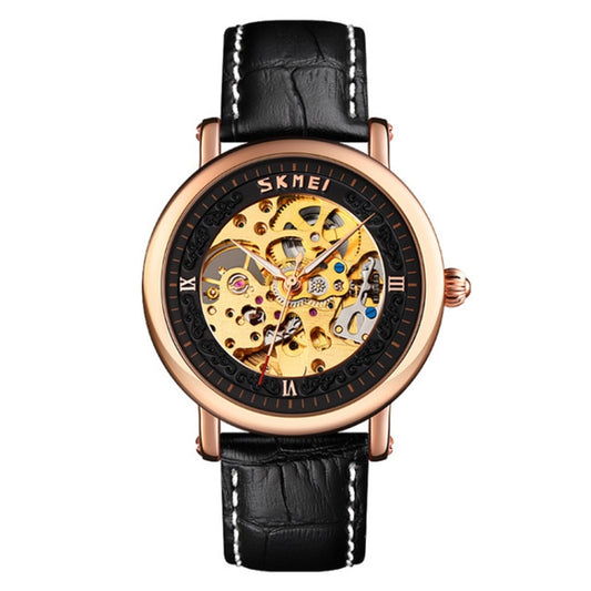 SKMEI 9229 Men Automatic Skeleton Mechanical Watch Thorough Bottom Student Watch(Rose Gold Shell Black Face) by SKMEI